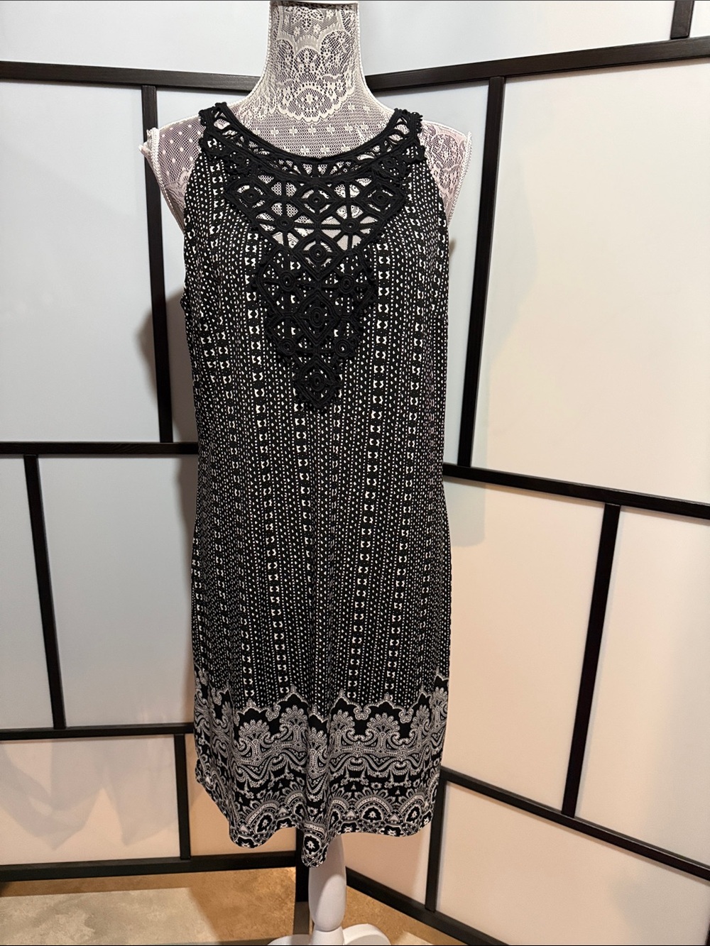 White House Black Market Black & White Crochet Front Mini Dress